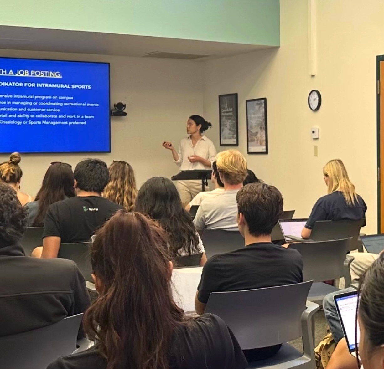 Practicum presenting a job-hunting workshop to a room of students