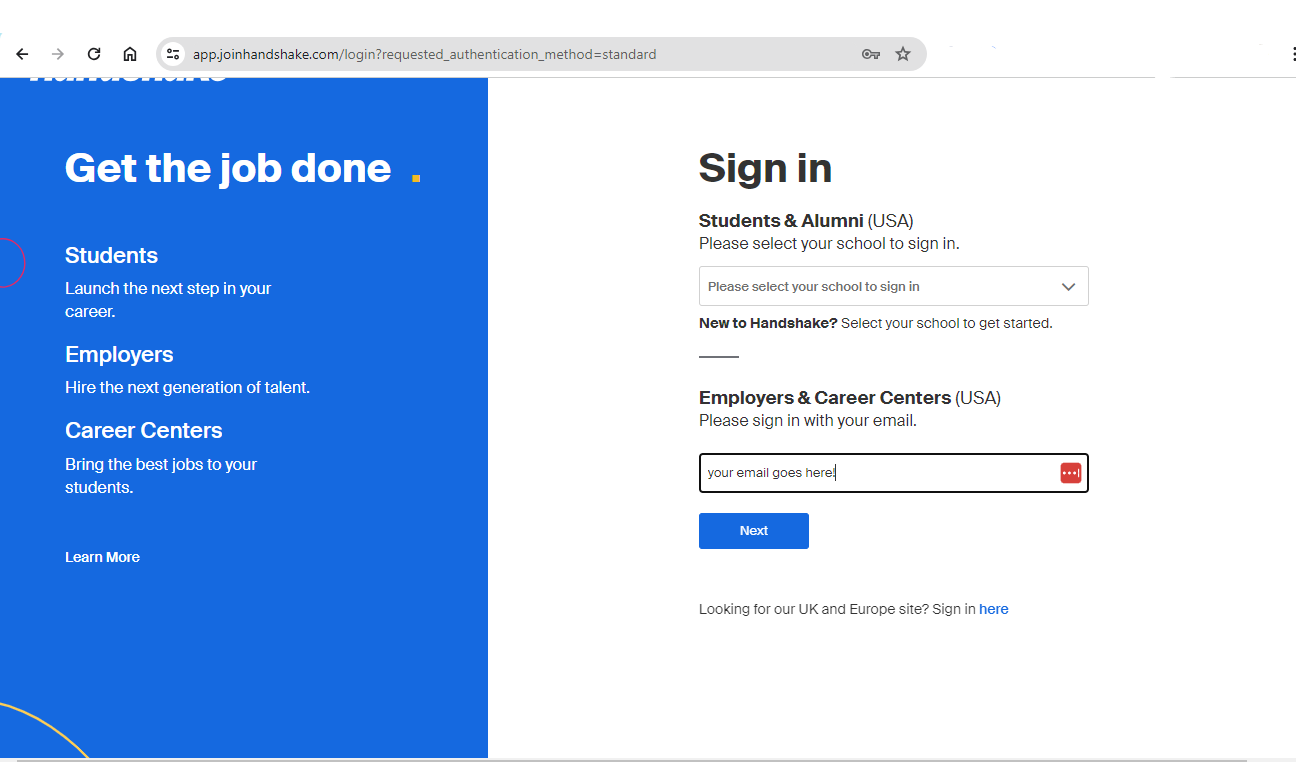 Handshake Employer Login Screen