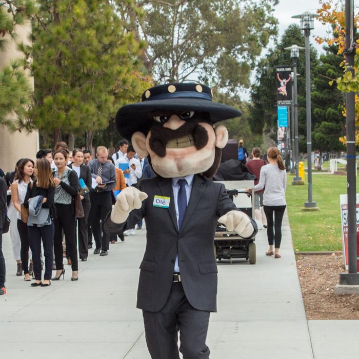 photo of Ole mascot strategizing career preparation outside of career fair